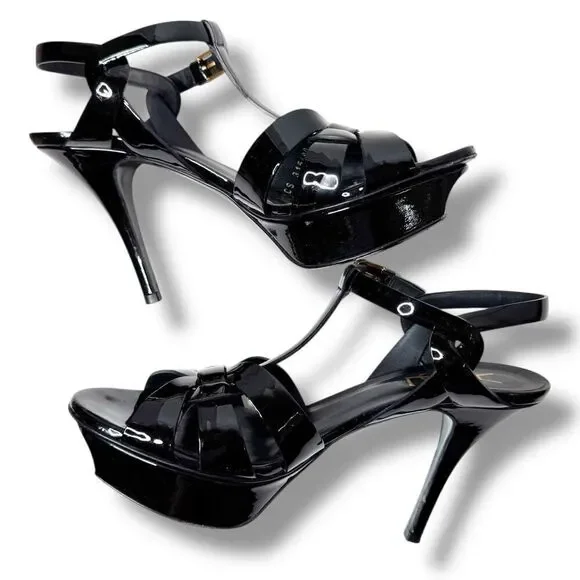 Saint Laurent Tribute Black Patent Leather Platform High Heel Sandals Size 37.5 - Picture 6 of 13